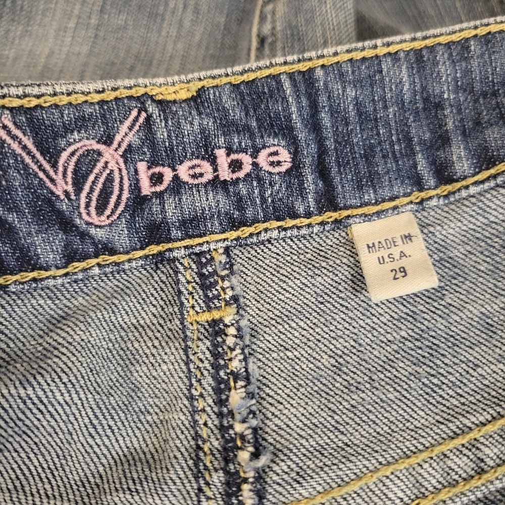Bebe Denim Mini Skirt Raw Edge Rhinestone Accents Size 29 Y2K Vintage Bling EUC - Picture 10 of 12